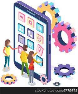 Development of mobile application, program for smartphone concept. People standing near phone with application icons on screen. Programming, software development, apps for electonic devices. People working with development of mobile program for smartphone, application for electonic device