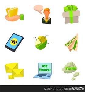 Development of online business icons set. Cartoon set of 9 development of online business vector icons for web isolated on white background. Development of online business icons set, cartoon style