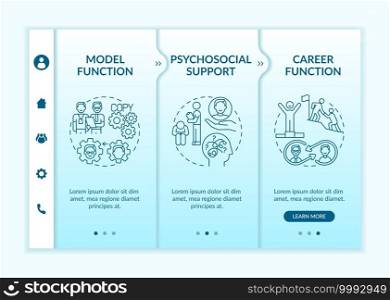 Development of support program onboarding vector template. Psychosocial needs and career anxieties. Responsive mobile website with icons. Webpage walkthrough step screens. RGB color concept. Development of support program onboarding vector template