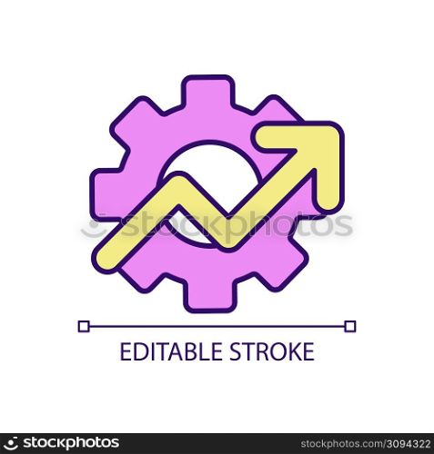 Development of technology RGB color icon. Cogwheel and rising up arrow. Innovation in industry. Isolated vector illustration. Simple filled line drawing. Editable stroke. Arial font used. Development of technology RGB color icon