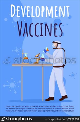 Development of vaccines poster vector template. Man in protection suit. Brochure, cover, booklet page concept design with flat illustrations. Advertising flyer, leaflet, banner layout idea. Development of vaccines poster vector template