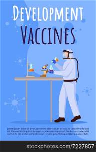 Development of vaccines poster vector template. Man in protection suit. Brochure, cover, booklet page concept design with flat illustrations. Advertising flyer, leaflet, banner layout idea. Development of vaccines poster vector template