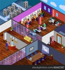 Development Office Isometric Design Concept. Development office isometric design concept with reception server room conference hall and working place for software developers flat vector illustration
