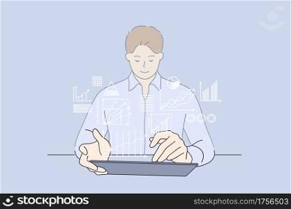 Development strategy, working, business analyse concept. Young smiling businessman cartoon character sitting working on laptop computer with digital layer business strategy and social media diagram . Development strategy, working, business analyse concept