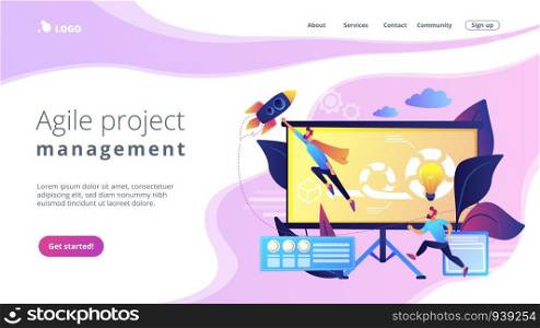 Development team member and scrum master working on Agile project for product ownerand stakeholders. Agile project management concept. Website vibrant violet landing web page template.. Agile project managementconcept landing page.