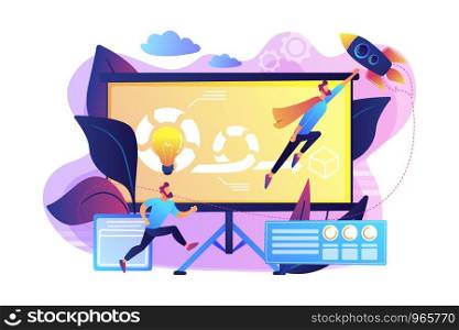 Development team member and scrum master working on Agile project for product ownerand stakeholders. Agile project management concept. Bright vibrant violet vector isolated illustration. Agile project management concept vector illustration.