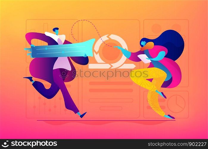 Development team, scrum master,stakeholders, agile project management concept. Vector isolated concept illustration. Small heads and huge legs people. Hero image for website.. Agile project management concept vector illustration.