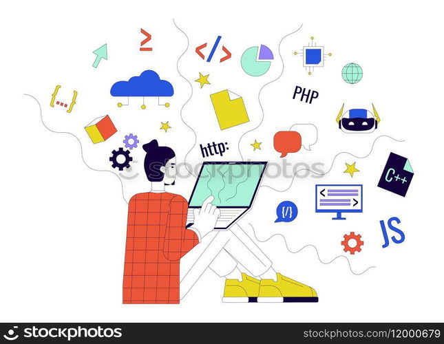 Development world 2D linear illustration concept. Coding process. Programmer with laptop cartoon character isolated on white. Software engineer at work metaphor abstract flat vector outline graphic. Development world 2D linear illustration concept