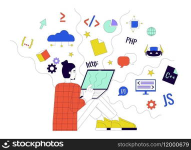 Development world 2D linear illustration concept. Coding process. Programmer with laptop cartoon character isolated on white. Software engineer at work metaphor abstract flat vector outline graphic. Development world 2D linear illustration concept
