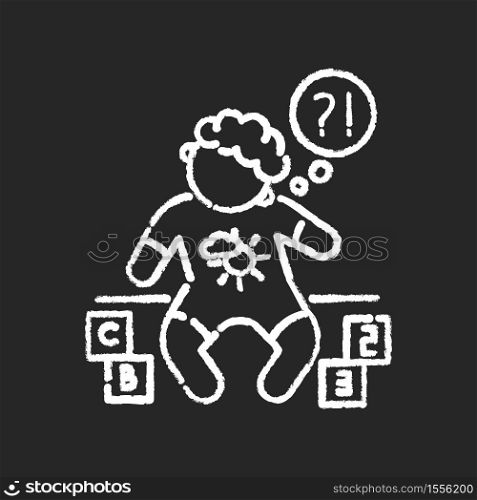 Developmental delay chalk white icon on black background. Child with difficulty of learning. Cognitive ability problem. Support for special need toddler. Isolated vector chalkboard illustration. Developmental delay chalk white icon on black background
