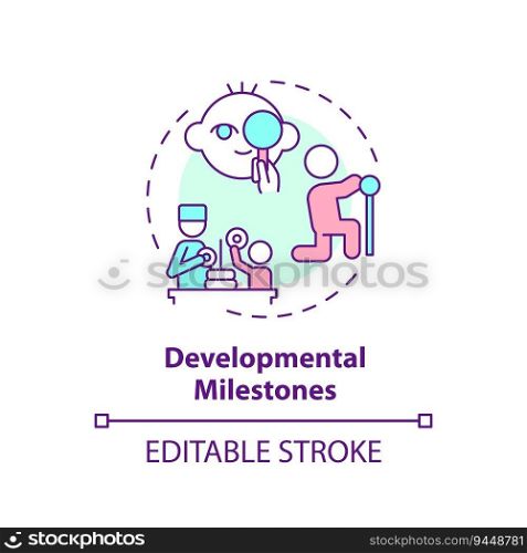 Developmental milestones concept icon. Baby development. Physical exam. Pediatric doctor. Baby growth. Infant care abstract idea thin line illustration. Isolated outline drawing. Editable stroke. Developmental milestones concept icon