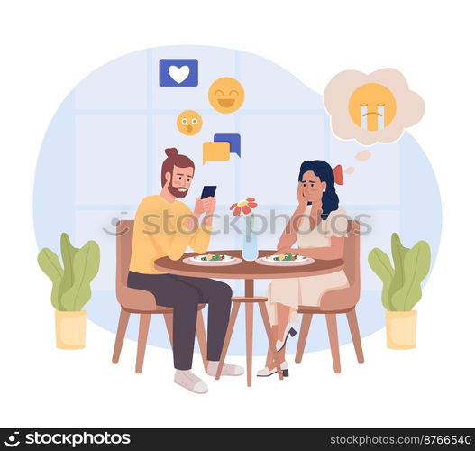 Device addiction 2D vector isolated illustration. Lack of attention. Relationship problems flat characters on cartoon background. Colorful editable scene for mobile, website, presentation. Device addiction 2D vector isolated illustration