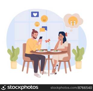 Device addiction 2D vector isolated illustration. Lack of attention. Relationship problems flat characters on cartoon background. Colorful editable scene for mobile, website, presentation. Device addiction 2D vector isolated illustration