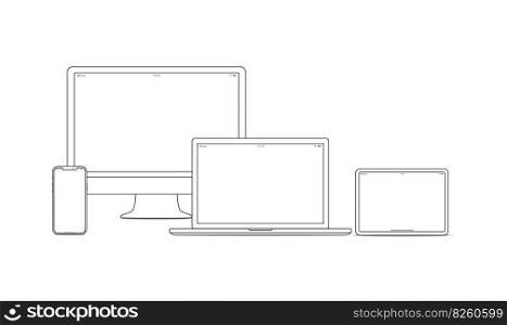 Device and gadget line art set. Laptop, smartphone, modern portable and compact personal computer machines for home and office work. Vector line art device illustration