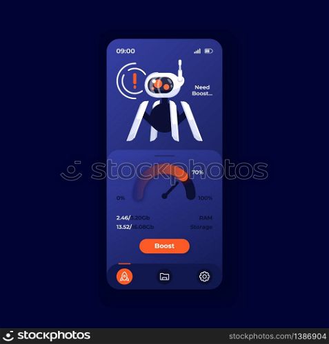 Device booster application smartphone interface vector template. Mobile app page dark theme design layout. Productivity increase screen. Flat UI for application. Gadget memory cleaner phone display. Device booster application smartphone interface vector template