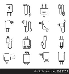 Device charger icons set outline vector. Mobile usb cable. Smartphone charger. Device charger icons set outline vector. Mobile usb cable