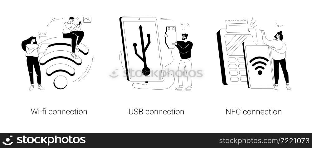 Device connectivity abstract concept vector illustration set. Wi-fi, USB and NFC connection, network access, cable data transfer, hard drive, USB port, contactless card payment abstract metaphor.. Device connectivity abstract concept vector illustrations.