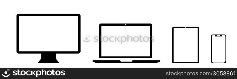 Device icon. Black vector isolated set of devices. Black device collection of icons. Technology multimedia concept. EPS 10