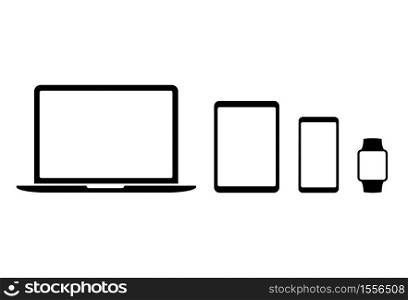 Device icons: smart phone, tablet, laptop and smart watch. Collection of modern digital devices. Vector illustration of responsive web design.. Device icons: smart phone, tablet, laptop and smart watch. Collection of modern digital devices.