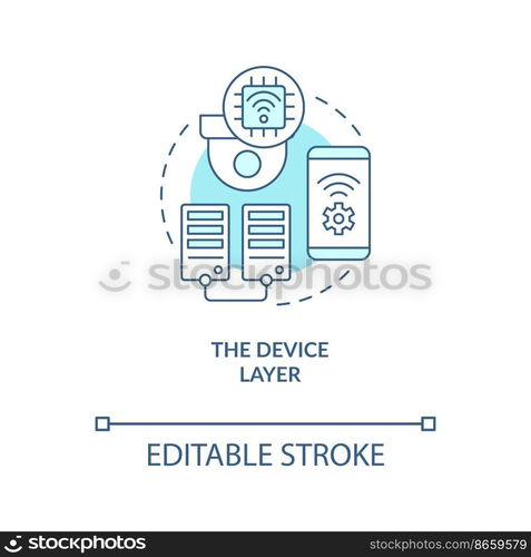 Device layer turquoise concept icon. IoT technology. Wireless connection abstract idea thin line illustration. Isolated outline drawing. Editable stroke. Arial, Myriad Pro-Bold fonts used
. Device layer turquoise concept icon