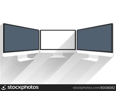 Device Mockups. Computer Monitor. Isolated flat screen white picture. Black LCD screen sideview. Black LCD monitor presentations. Display monitor perspective vector mockup. Realistic computer monitor. Device mockups. Computer monitor