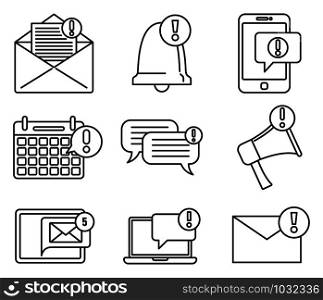 Device notification icons set. Outline set of device notification vector icons for web design isolated on white background. Device notification icons set, outline style