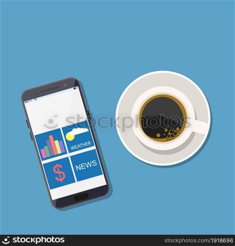 Device, phone and hot coffee. Vector illustration in flat style. Device, phone and hot coffee