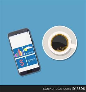 Device, phone and hot coffee. Vector illustration in flat style. Device, phone and hot coffee