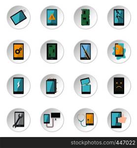 Device repair symbols icons set in flat style isolated vector icons set illustration. Device repair symbols icons set in flat style