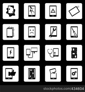 Device repair symbols icons set in white squares on black background simple style vector illustration. Device repair symbols icons set squares vector