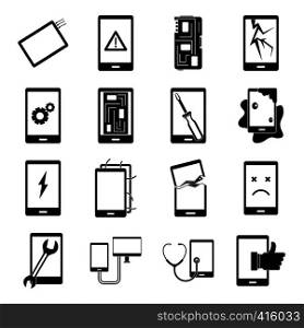 Device repair symbols icons set. Simple illustration of 16 device repair symbols vector icons for web. Device repair symbols icons set, simple style