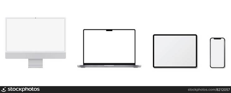 Device screen mockup. set of smartphone, tablet, laptop and monitor, blank screen mockup. Vector illustration