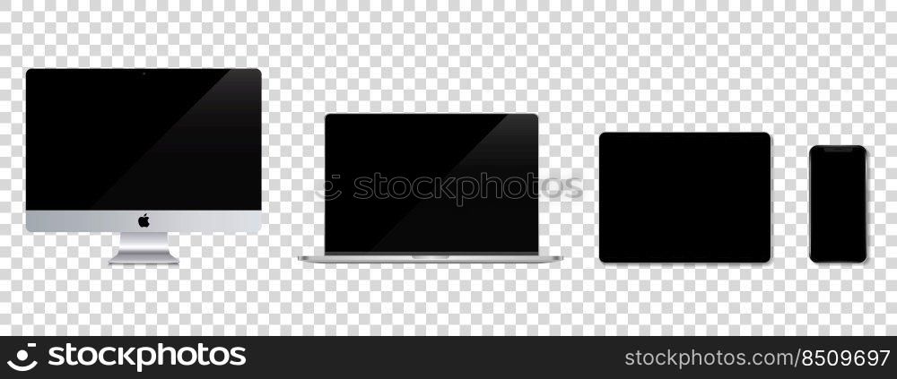 Device screen mockup. set of smartphone, tablet, laptop and monitor, blank screen mockup. Vector illustration. Device screen mockup. set of smartphone, tablet, laptop and monitor, blank screen mockup.