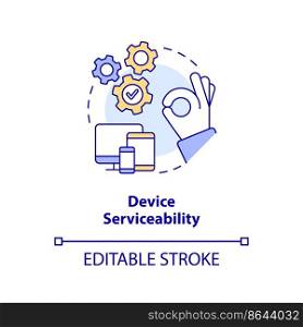Device serviceability concept icon. Checkup electric equipment. Way to stay tuned abstract idea thin line illustration. Isolated outline drawing. Editable stroke. Arial, Myriad Pro-Bold fonts used. Device serviceability concept icon