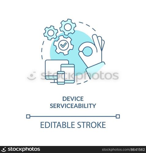 Device serviceability turquoise concept icon. Checkup equipment. Way to stay tuned abstract idea thin line illustration. Isolated outline drawing. Editable stroke. Arial, Myriad Pro-Bold fonts used. Device serviceability turquoise concept icon