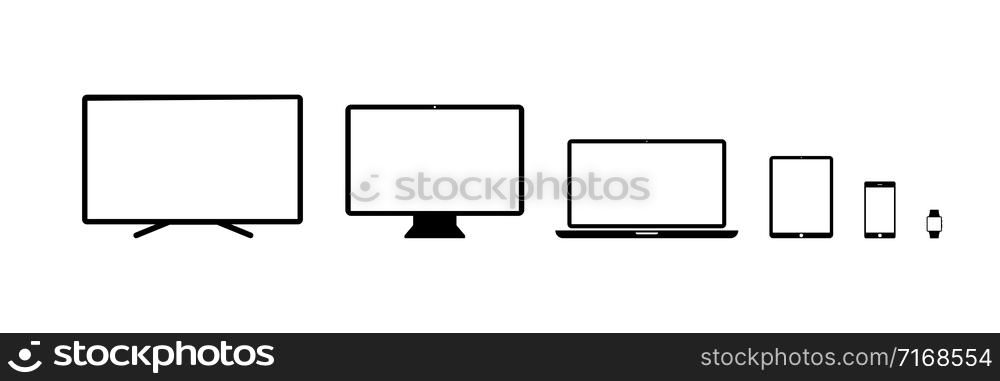 Device vector icon: tv, computer desktop, laptop, tablet, smartphone, watch. Set of devices vector isolated icons. EPS 10
