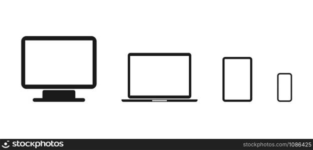 Device Vector Icons, isolated. Computer screen, Laptop, Tablet and Phone, Isolated on White Background in modern simple flat style for web design. Vector Illustration