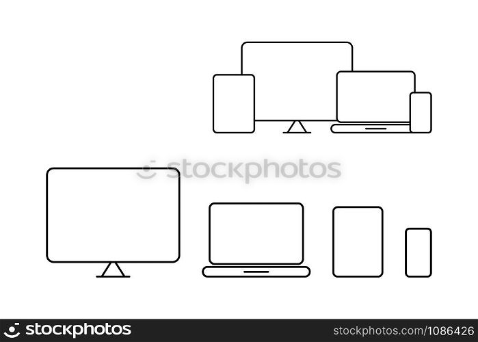 Device Vector Line Icons, isolated. Computer screen, Laptop, Tablet and Phone, Isolated on White Background in modern simple flat linear style for web design. Vector Illustration