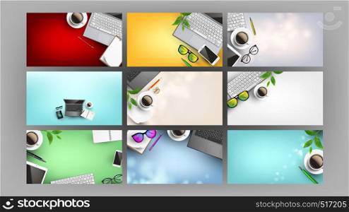 Devices And Coffee On Desk Set Flat Lay Vector. Computer Technology And Cellular Phone, Green Branch Of Tree And Mug Of Hot Drink, Pen And Pencil On Desk. Copy Space Top View Illustration. Devices And Coffee On Desk Set Flat Lay Vector