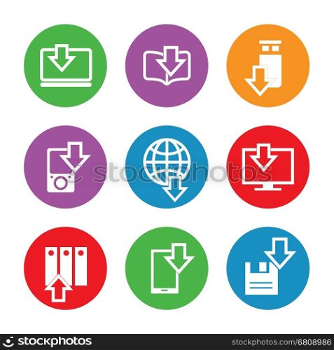Devices downloading icons in color circles. Different devices downloading line icons in color circles. Vector illustration