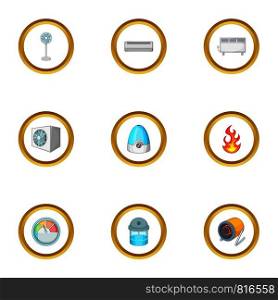 Devices for heating icons set. Cartoon style set of 9 devices for heating vector icons for web design. Devices for heating icons set, cartoon style