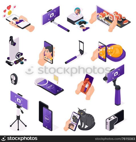 Devices for making mobile photo and video isometric set isolated on white background 3d vector illustration. Mobile Photo Icons Set