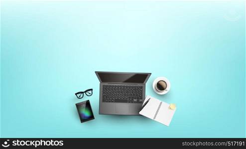 Devices For Work Or Education Flat Lay Vector. Pen And Binder Paperclip Notebook With Piece Of Paper On Laptop, Cup Of Coffee, Glasses And Tablet Instruments For Work. Copy Space Top View Illustration. Devices For Work Or Education Flat Lay Vector
