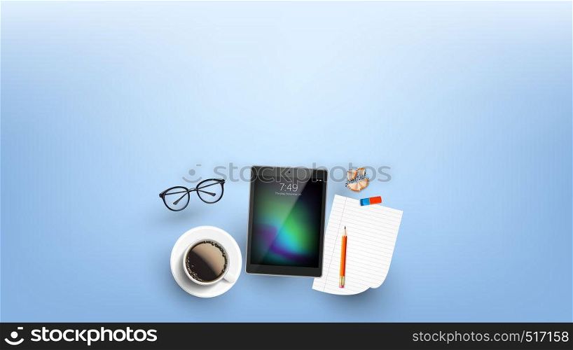Devices For Working In Internet Flat Lay Vector. Mug Of Coffee Near Eye Glasses, Laptop, Pencil On Blank List, Eraser And Sharpening Shavings On Working Desk. Copy Space Top View Illustration. Devices For Working In Internet Flat Lay Vector