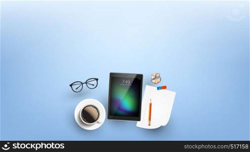 Devices For Working In Internet Flat Lay Vector. Mug Of Coffee Near Eye Glasses, Laptop, Pencil On Blank List, Eraser And Sharpening Shavings On Working Desk. Copy Space Top View Illustration. Devices For Working In Internet Flat Lay Vector