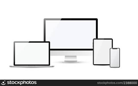 Devices in realistic trendy design on transparent background. Set of computer laptop tablet and smartphone with empty screens. Mock up. Blank screen isolated.. Devices in realistic trendy design on transparent background. Set of computer laptop tablet and smartphone with empty screens. Mock up.