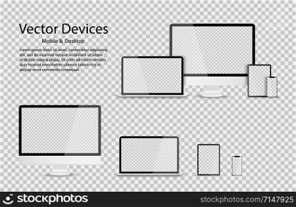 Devices in realistic trendy design on transparent background. Set of computer laptop tablet and smartphone with empty screens. Mock up. Blank screen isolated. EPS 10