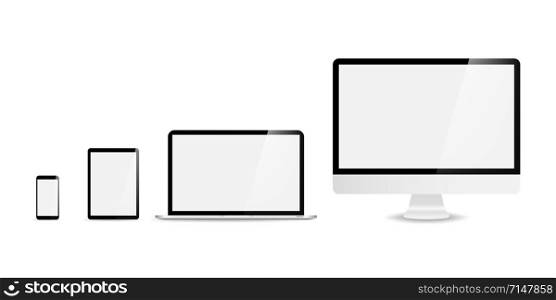 Devices in realistic trendy design on white background. Set of computer laptop tablet and smartphone with empty screens. Mock up. Blank screen isolated. EPS 10. Devices in realistic trendy design on white background. Set of computer laptop tablet and smartphone with empty screens. Mock up. Blank screen isolated.