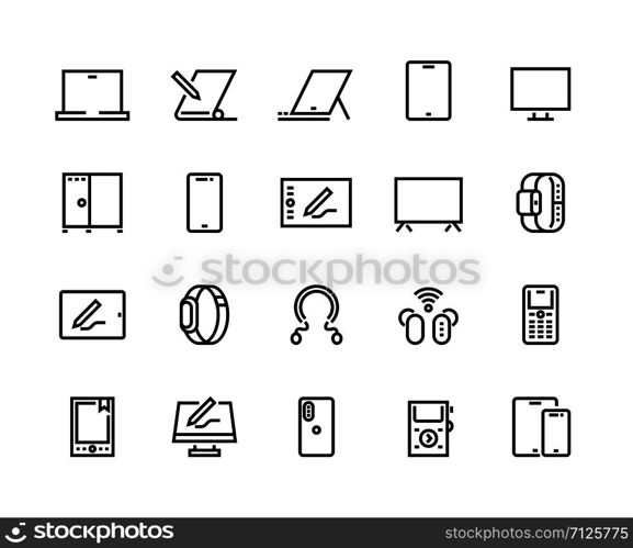 Devices line icons. Desktop computers, electronic devices and wearable gadgets, outline PC and smartphone pictograms. Vector set mobile device monitor laptop, tablet, cellphone, television and other. Devices line icons. Desktop computers, electronic devices and wearable gadgets, outline PC and smartphone pictograms. Vector set