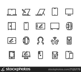Devices line icons. Desktop computers, electronic devices and wearable gadgets, outline PC and smartphone pictograms. Vector set mobile device monitor laptop, tablet, cellphone, television and other. Devices line icons. Desktop computers, electronic devices and wearable gadgets, outline PC and smartphone pictograms. Vector set